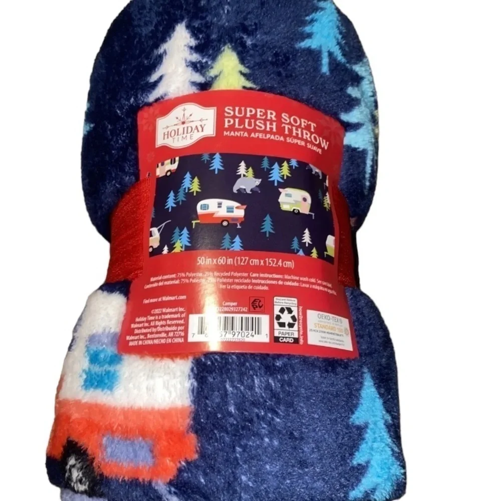 Holiday Time Super Soft Plush Throw Blanket Camper & Bear Design Christmas Gift